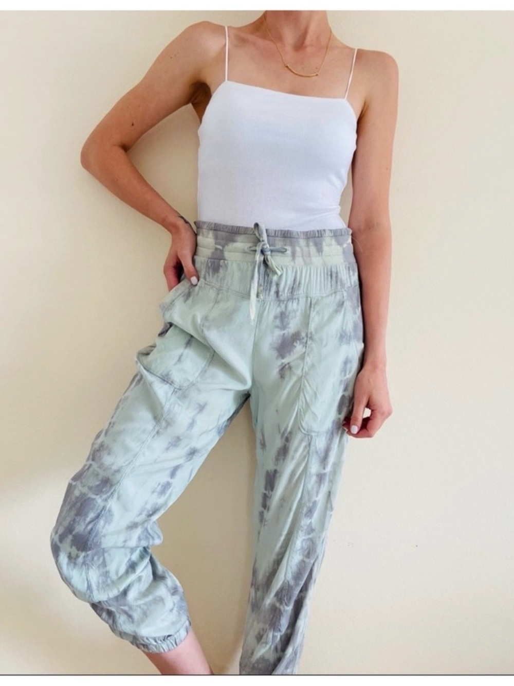 Marrakech Harmony Tie Dye Print Cupro Joggers Pants in Mint Green and Gray L